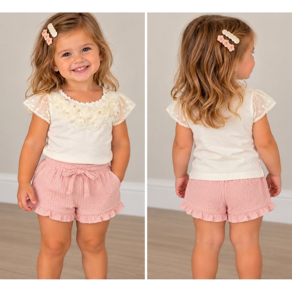 Think Pink Bows Girls Cream Embellished Flutter Sleeve Top & Hair Clips Set 2T